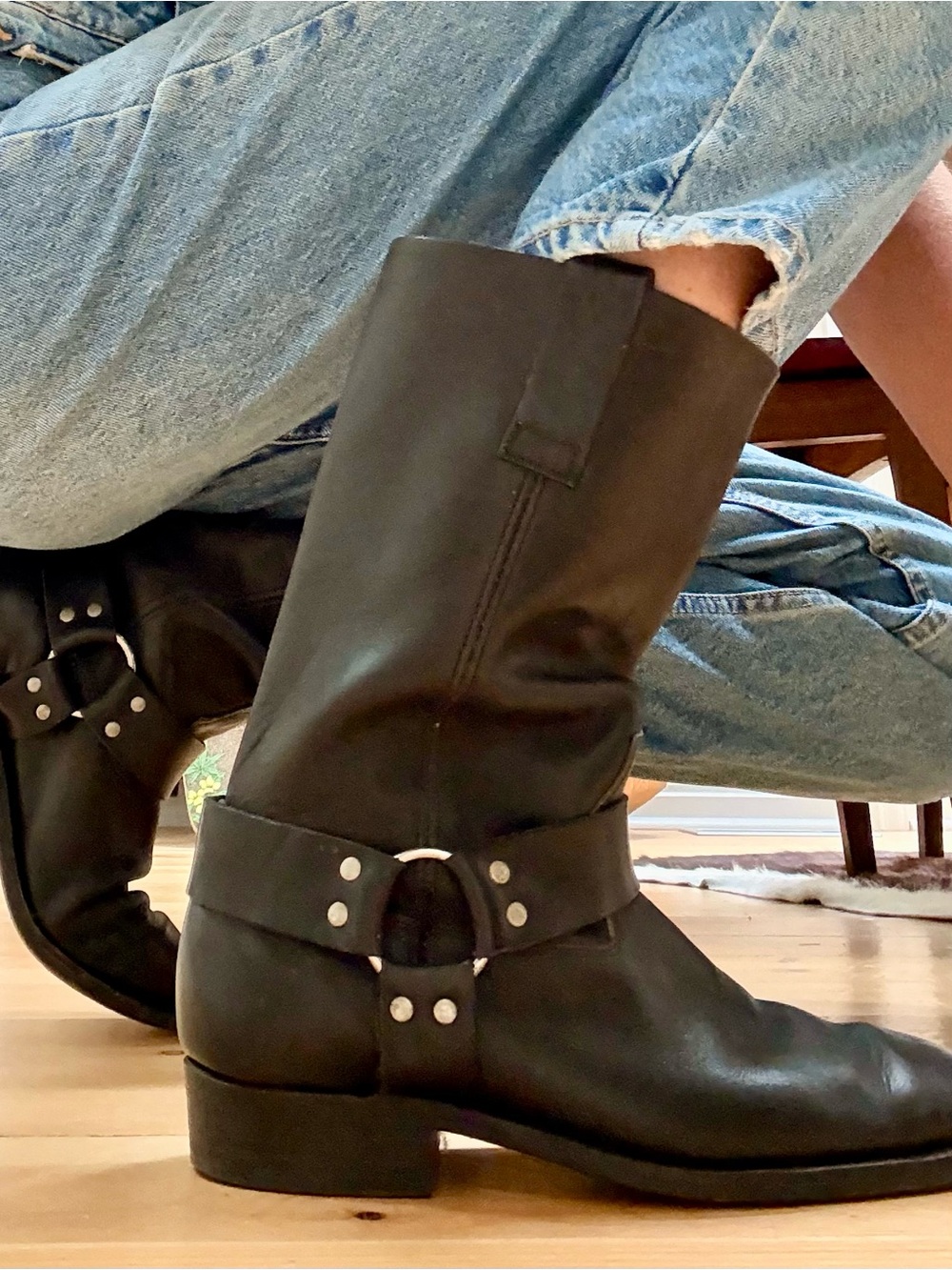 Black Mid-Calf Harness Boots with Silver Hardware